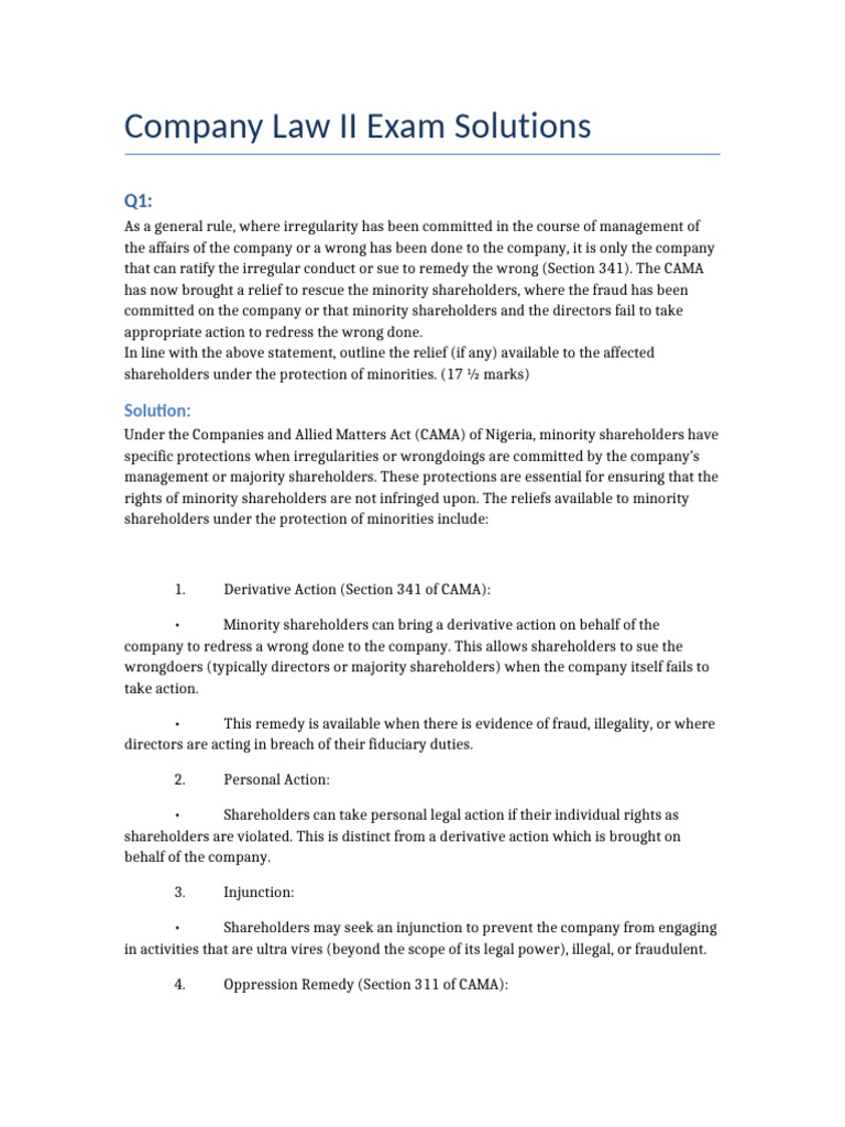 Company Law II Exam Solutions Overview | PDF | Limited Liability ...