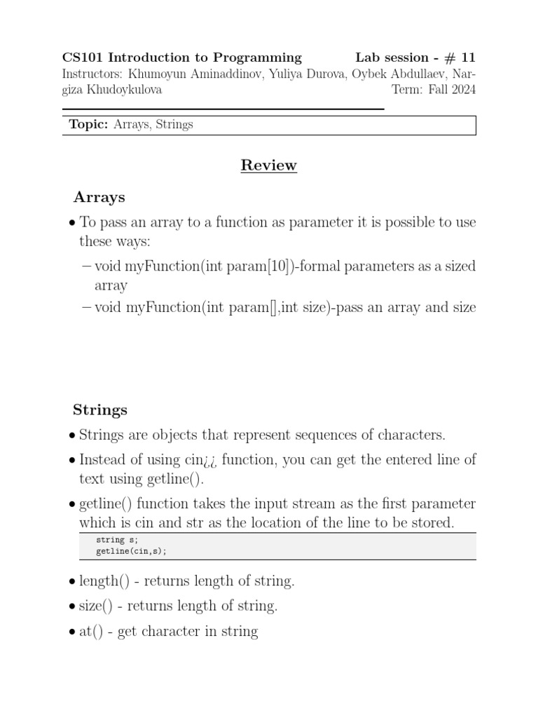 CS101 Lab 11: Arrays & Strings in C++ | PDF | Parameter (Computer ...