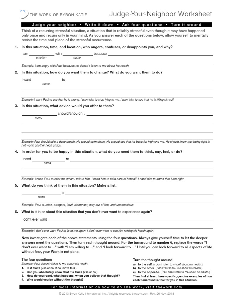 Byron KatieJudgeYourNeighbor Worksheet PDF Behavioural Sciences Psychological Concepts