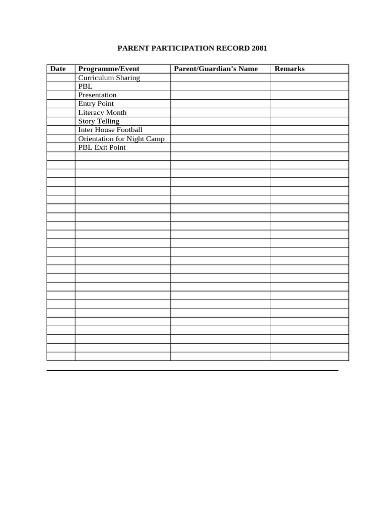 Parent Participation Record Template | PDF