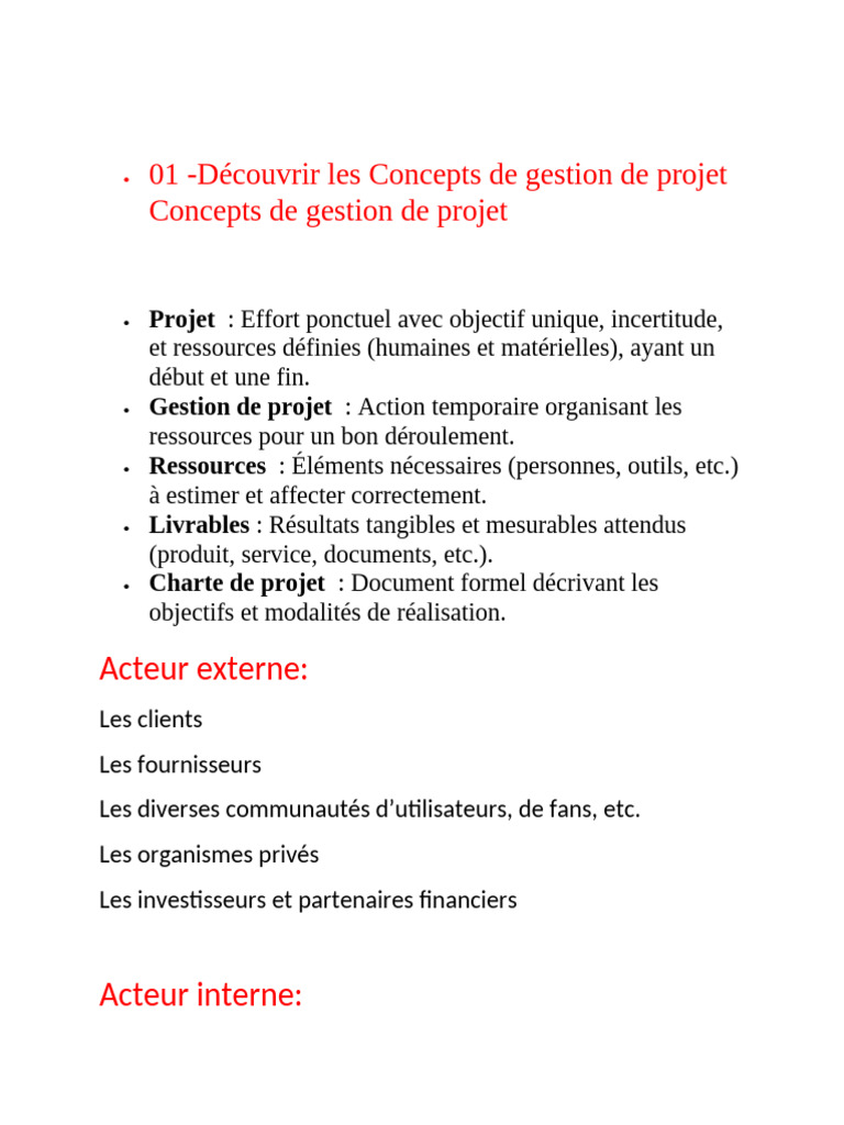 Concepts clés de gestion de projet | PDF | Gestion de projet | Méthode ...