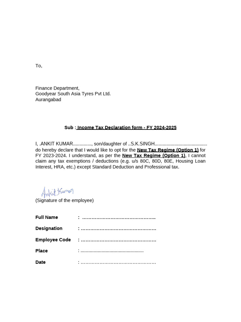 Income Tax Declaration FY 2024-2025 | PDF