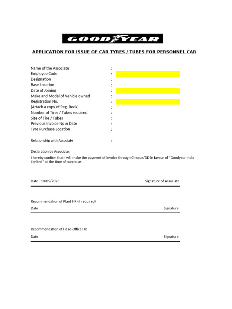 Tyre Application Form for Employees | PDF
