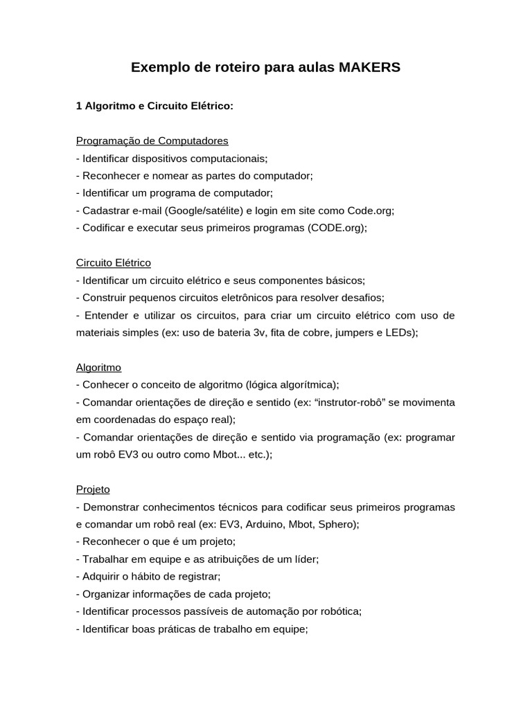 Roteiro de Aulas para Educação Maker | PDF | Programação de ...