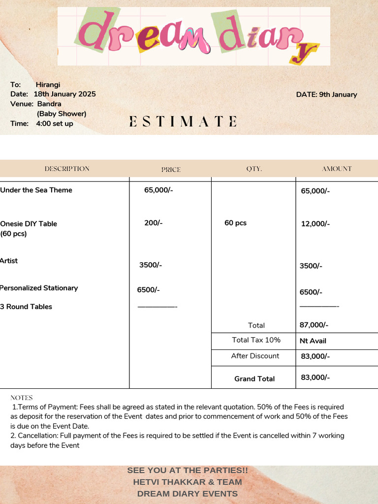 Baby Shower Event Estimate Breakdown | PDF