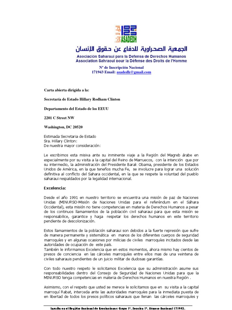 Carta abierta a la Secretaria de Estado Sra. Hillary