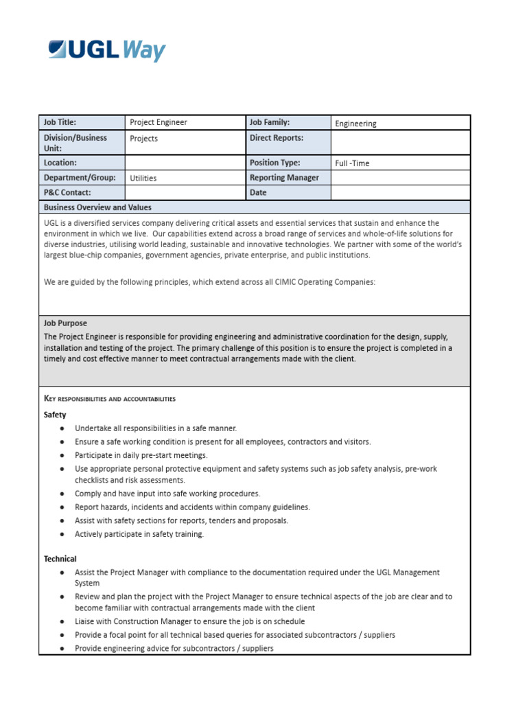 UGL Position Description Project Engineer PD - Power | PDF | Regulatory ...