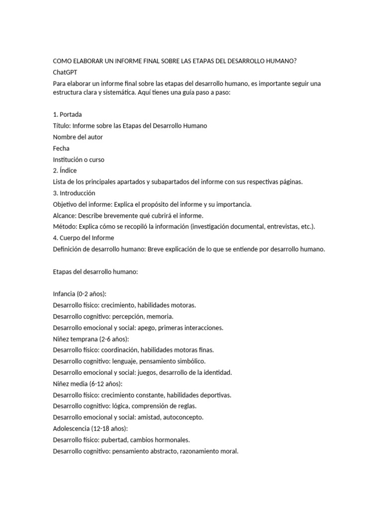 Informe sobre Etapas del Desarrollo Humano | PDF | Desarrollo cognitivo ...