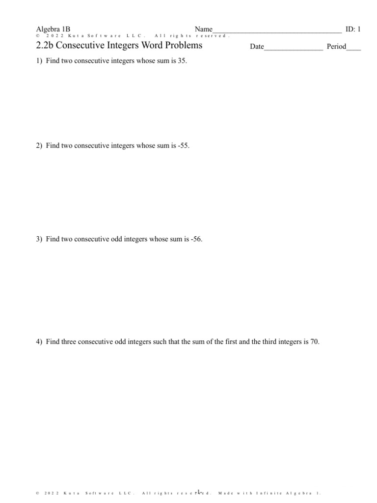 2.2b Consecutive Integers Word Problems WS | PDF