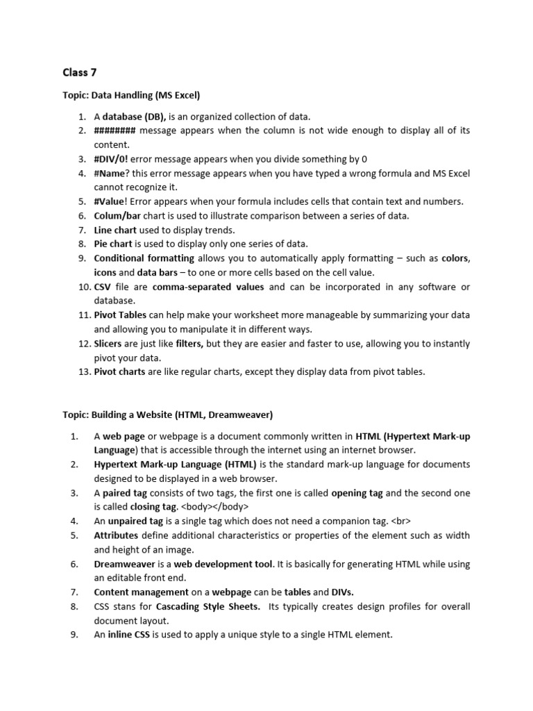 Class 7 - ICT Definitions Term I | PDF | Html | Computer Network