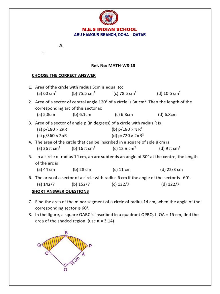 Grade 10 Math Worksheet on Circle Areas | PDF | Circle | Area