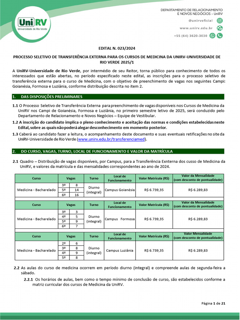 Transferência Externa Medicina UniRV 2025 | PDF