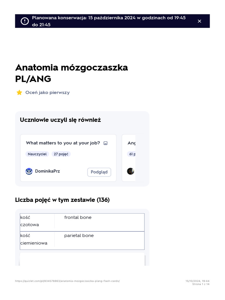 Fiszki - Anatomia Mózgoczaszka PL-ANG - Quizlet | PDF