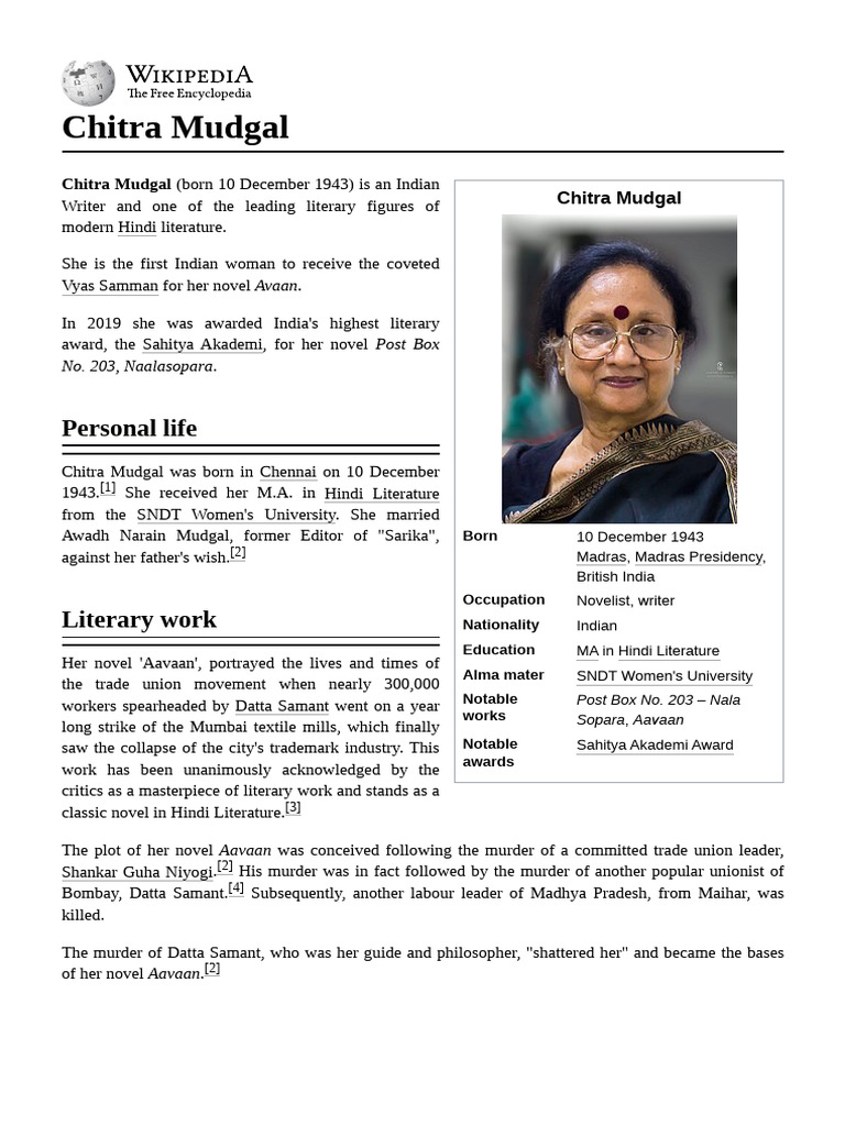 Chitra Mudgal: Notable Works and Life | PDF | Indian Literature