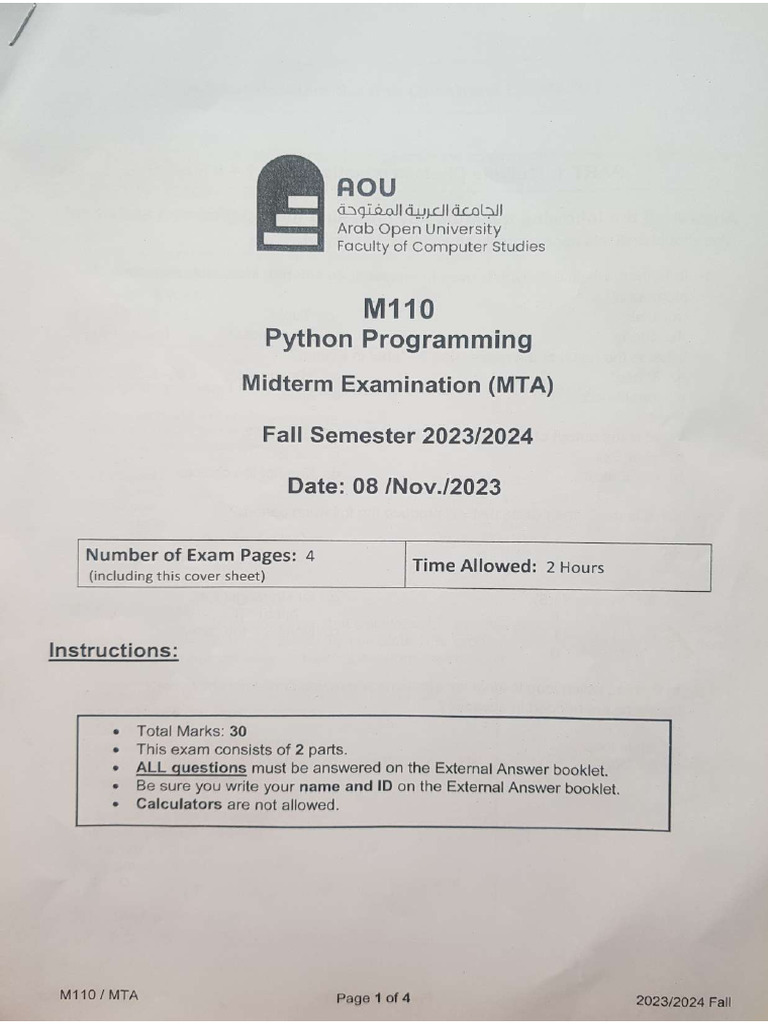 M110 MTA 2023-2024 Fall | PDF