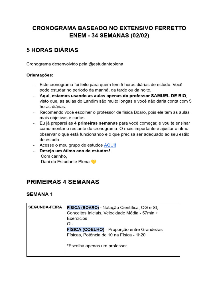 Cronograma de Estudos para ENEM 34 Semanas | PDF | Física | Química