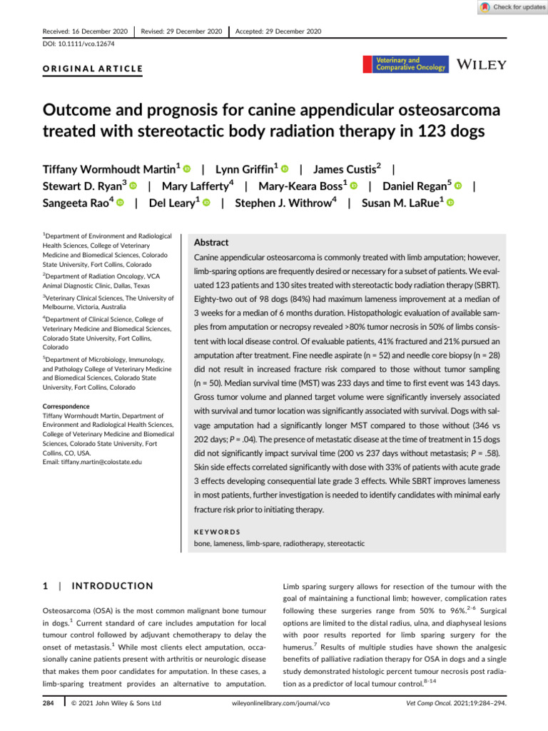 2021 Outcome and Prognosis For Canine Appendicular Osteosarcoma Treated ...