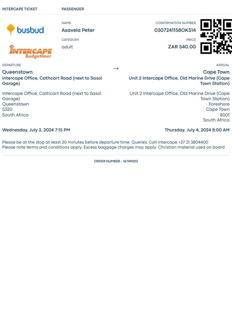 Intercape Ticket Confirmation: Queenstown to Cape Town | PDF