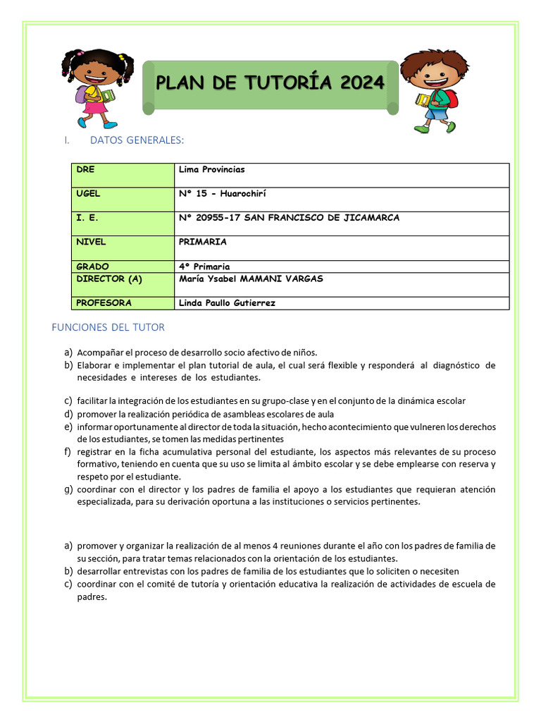 Plan de Tutoría 2024 para Primaria | PDF | Salón de clases | Violencia