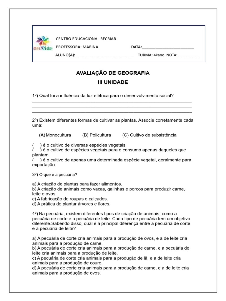 Avaliação de Geografia 4º Ano | PDF | Agricultura | Setor terciário da ...