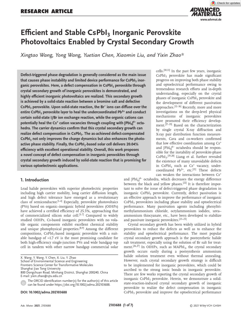 CsPbI3 Perovskite Solar Cell Efficiency Boost | PDF | Physical Sciences ...