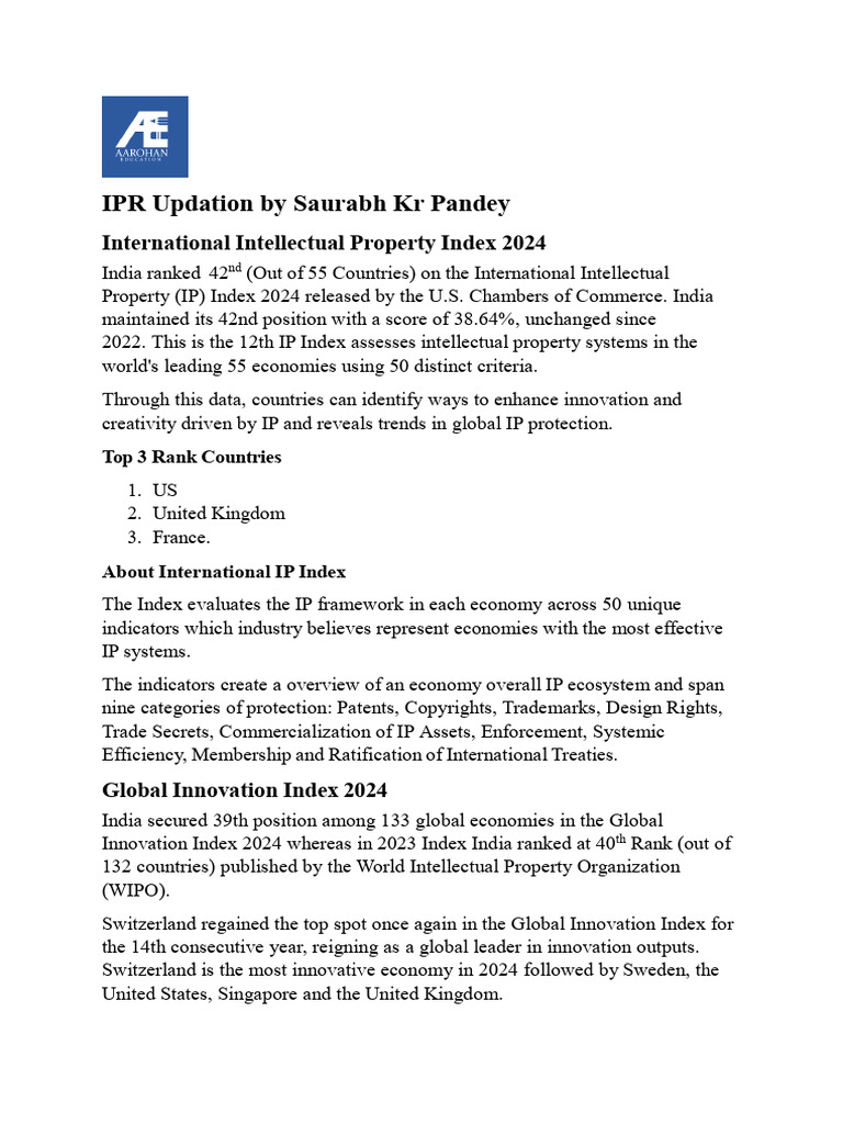 India IPR Index 2024 Ranking Update | PDF | Intellectual Property ...