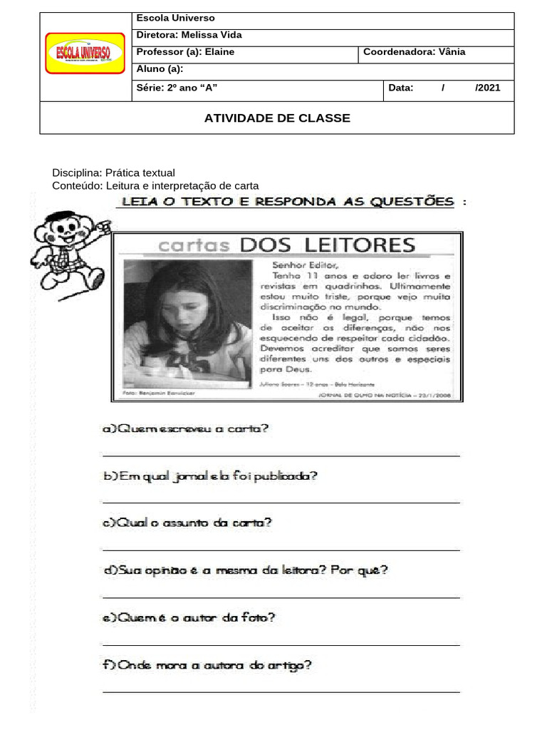 Atividade de Leitura de Carta - 2º Ano | PDF
