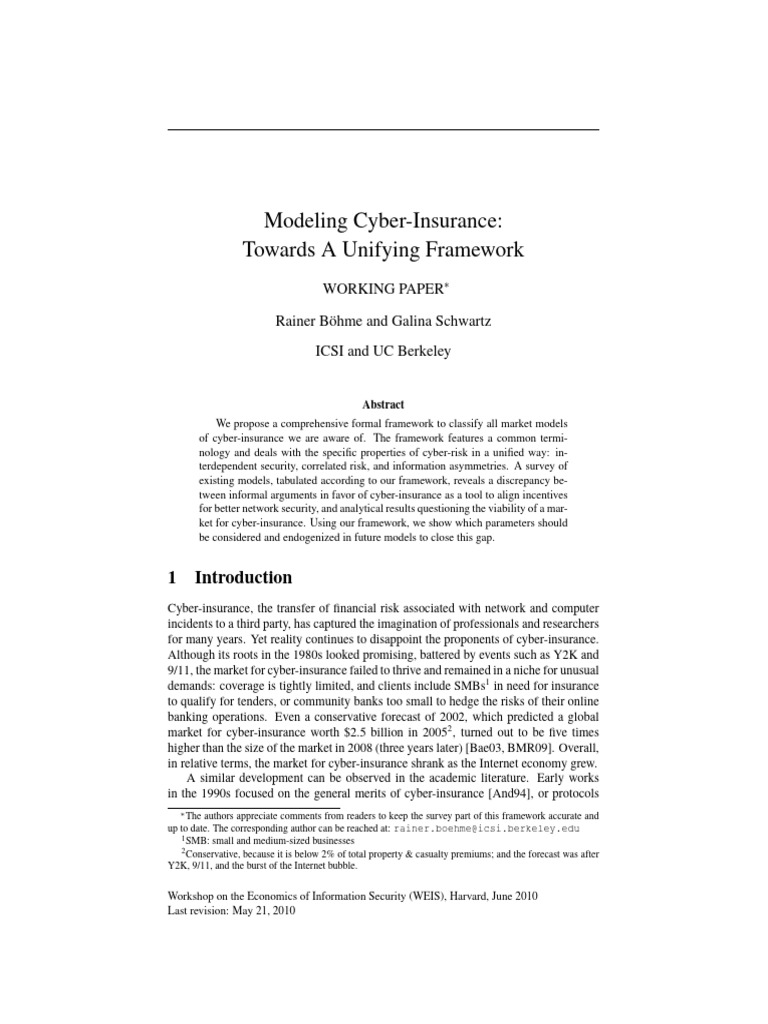 Unifying Framework for Cyber-Insurance | PDF | Risk Aversion | Insurance