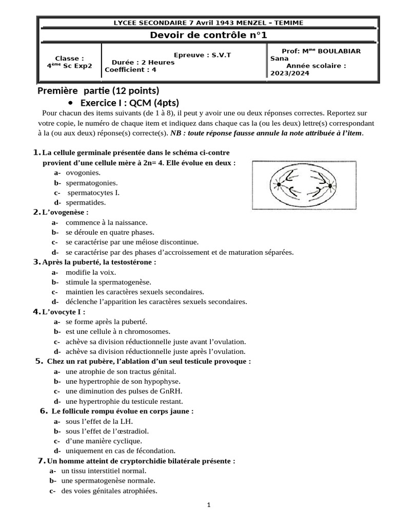 QCM et QROC sur la Reproduction Humaine | PDF | Testicule | Sexe