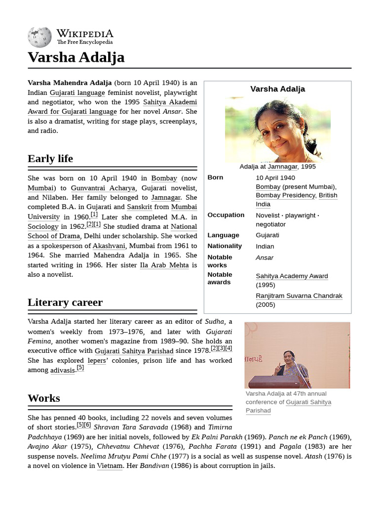 Varsha Adalja | PDF | Indian Literature | Novelists