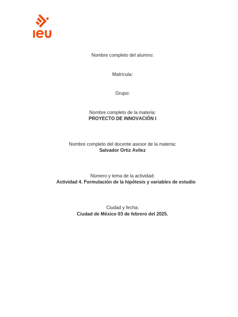 Actividad 4. Formulación de La Hipótesis y Variables de Estudio - B ...