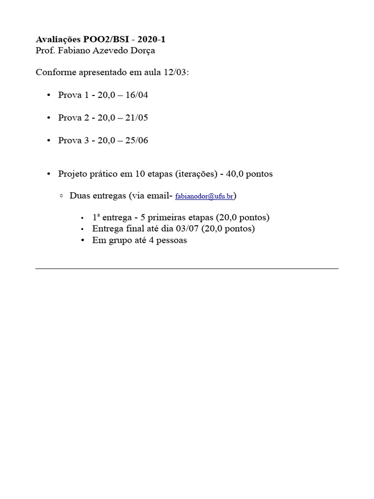 Planejamento POO2 BSI 2020 1 | PDF
