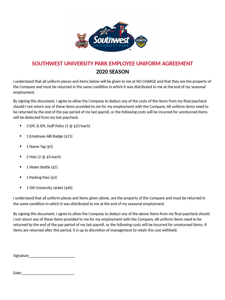 Southwest University Park Employee Uniform Agreement | PDF