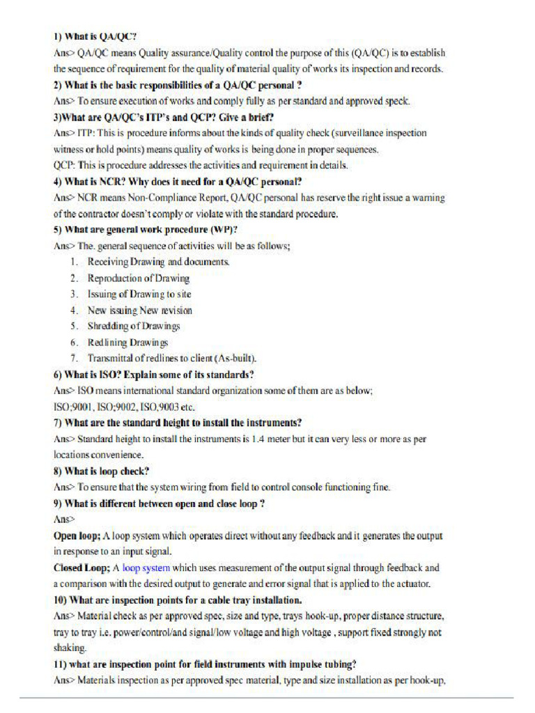 Instrumentation Inspection and Quality Control Interview | PDF