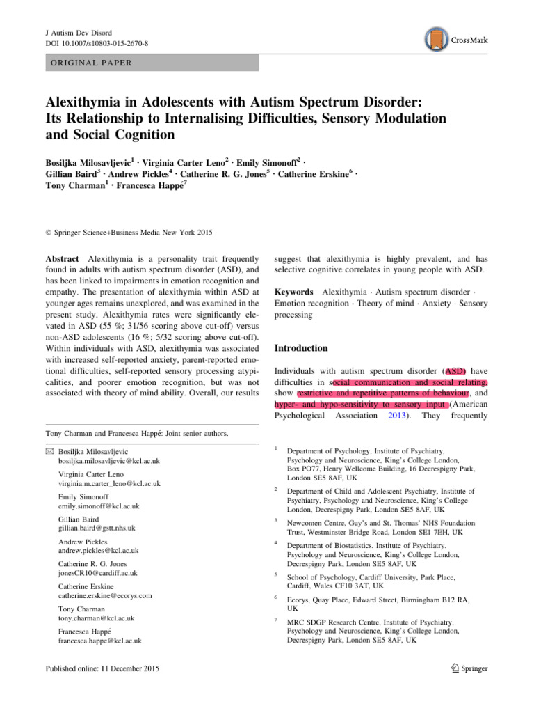 Alexithymia in Adolescents With Autism Spectrum Disorder: Its ...