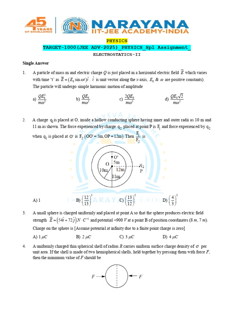 Electrostatics Problems for JEE 2025 | PDF | Electric Field | Sphere