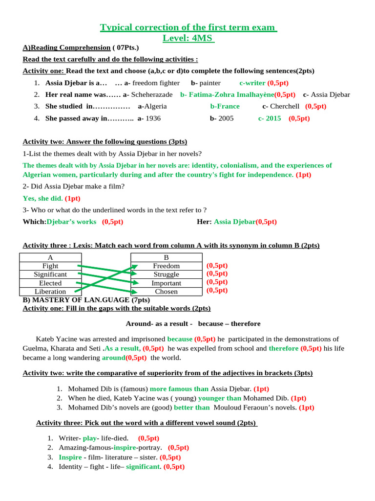 First Term Exam Correction Guide | PDF | Algeria | Vocabulary
