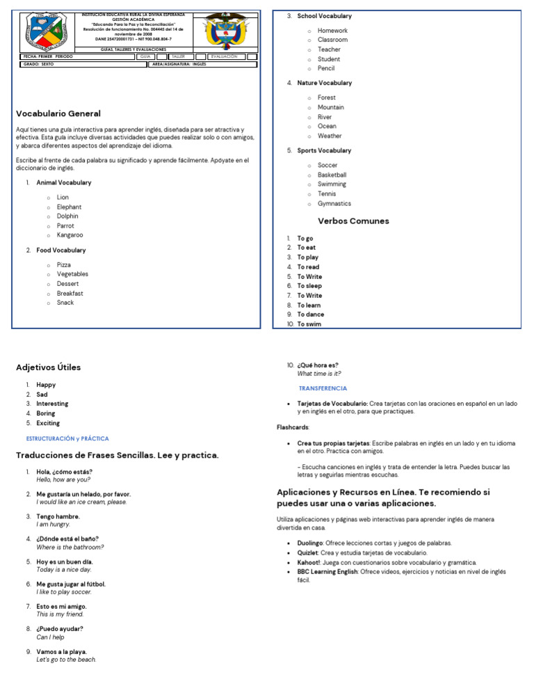 Guía de Inglés para Sexto Grado | PDF | Lingüística