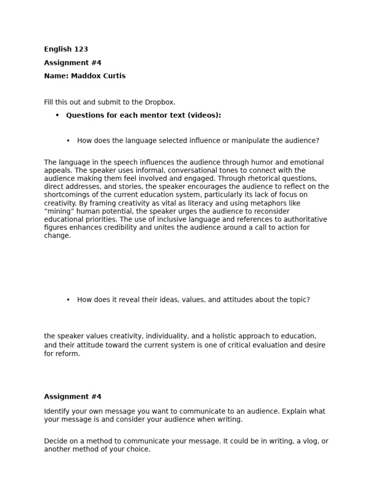 English 123 Assignment 4 | PDF