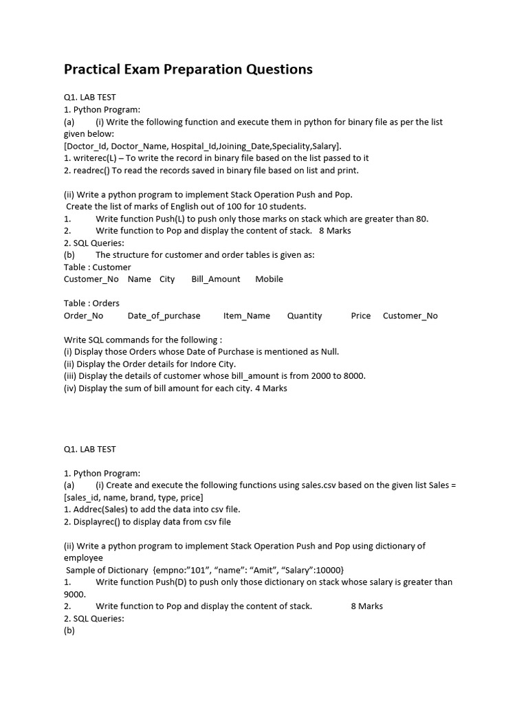 Practical Exam Preparation Questions | PDF | Sql | Software Engineering