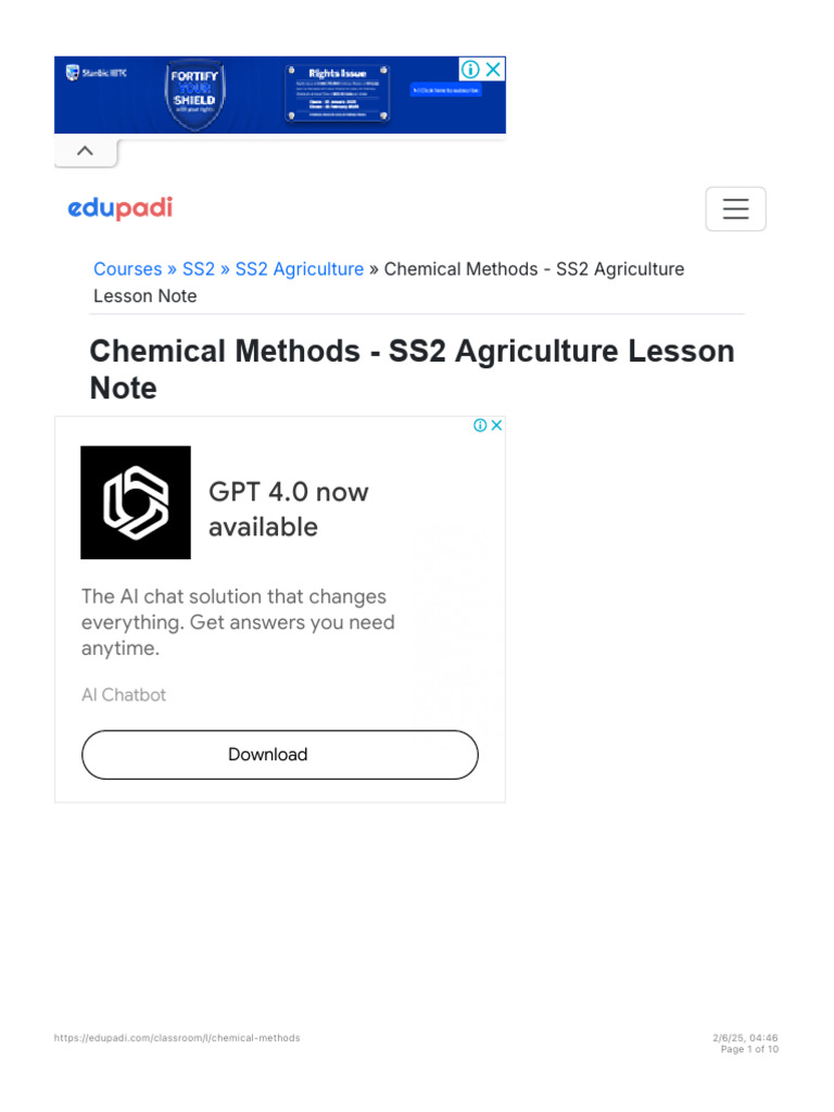 Chemical Methods SS2 Agriculture Lesson Note EduPadi Classroom PDF