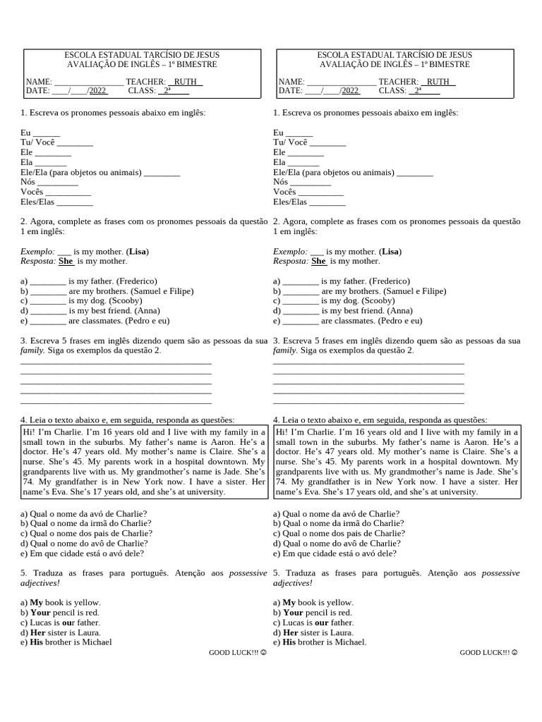 Prova de Inglês - 2 Série - 1º Bimestre | PDF