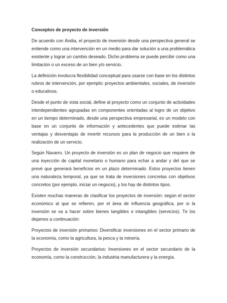 Tipos y conceptos de proyectos de inversión | PDF | Inversiones | Economias