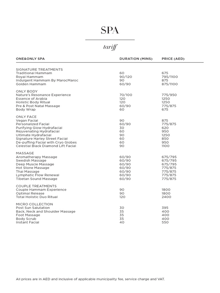 One&Only Royal Mirage Spa Price List | PDF | Massage | Hair