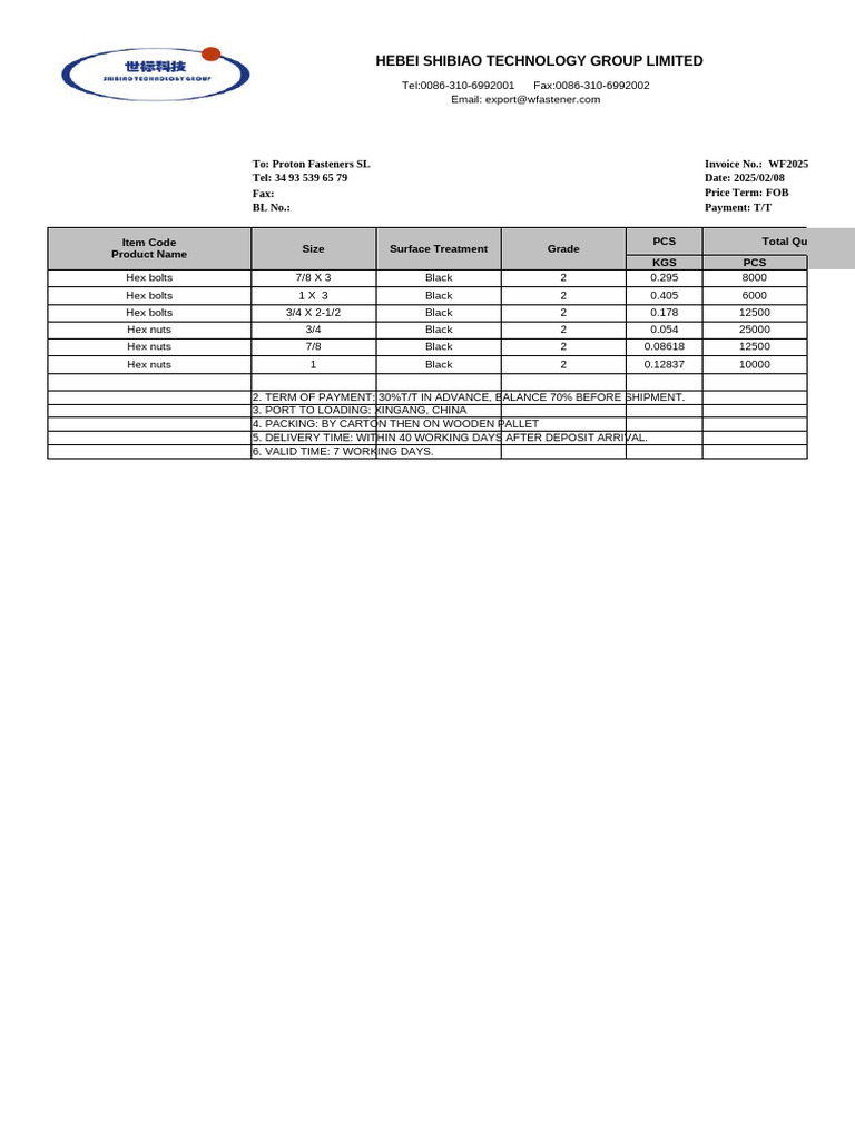 Invoice for Hex Fasteners Shipment | PDF | Nut (Hardware) | Metalworking