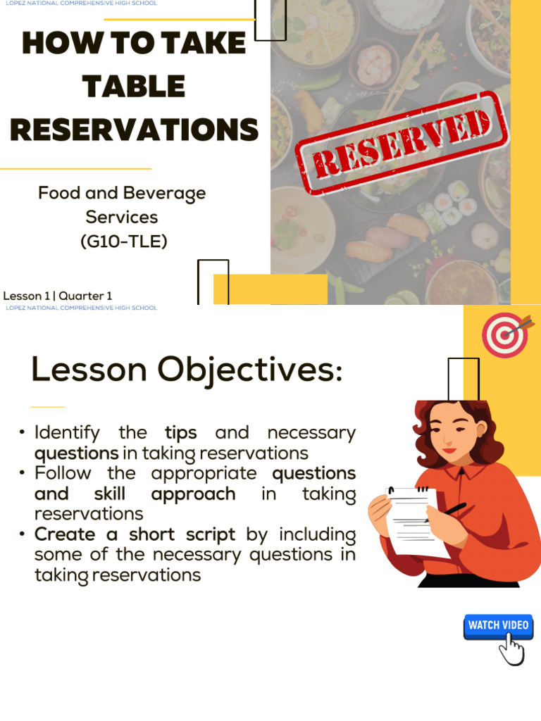 Lesson 1 G10 FBS HOW TO TAKE TABLE RESERVATIONS | PDF