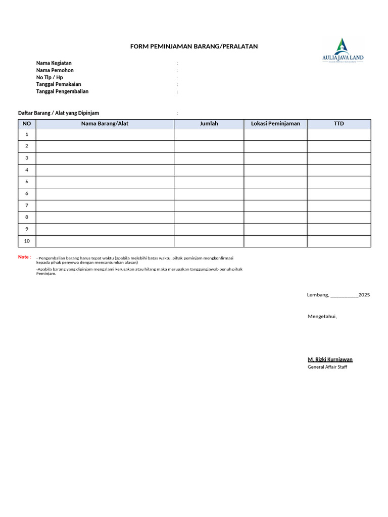 F19_Form Peminjaman Barang Inventaris | PDF
