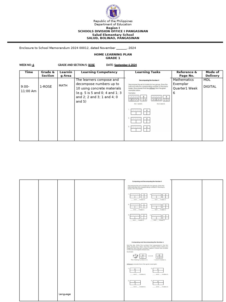 Grade 1 Home Learning Plan Week 6 Pdf