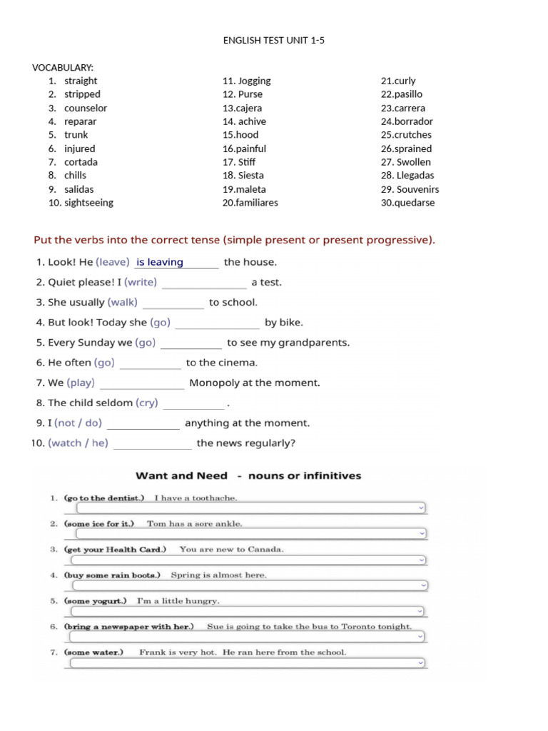 English Test Vocabulary Grammar Pdf