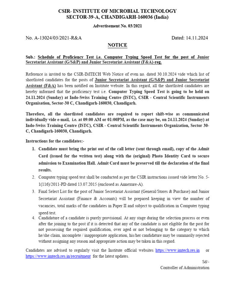 CSIR IMTECH Junior Assistant Typing Test Notice | PDF